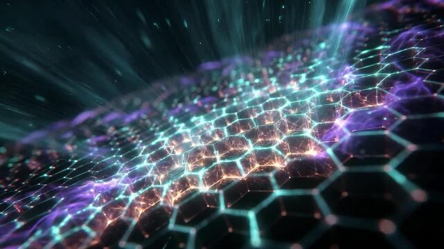 Glowing hexagonal grid representing a futuristic nanotechnology network flowing with digital data and information on a dark background