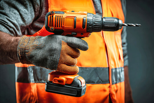 Worker stands in a studio setting wearing an orange vest and har