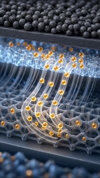 Lithium ions moving through a graphene separator inside a solid state battery during charging cycle