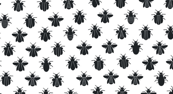 Monochrome seamless background featuring various hand-drawn insect silhouettes like beetles and bees on a white backdrop.
