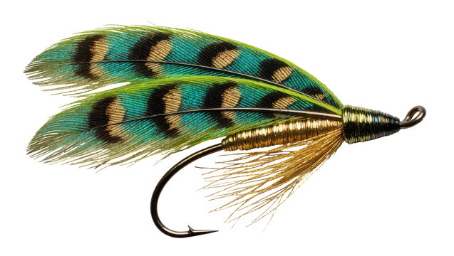 Intricate fishing lure with green and brown feathers, isolated on transparent background