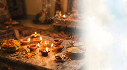 Obraz premium A festive arrangement of traditional clay diya lamps, incense sticks, and marigold flowers on a wooden table for a religious ceremony