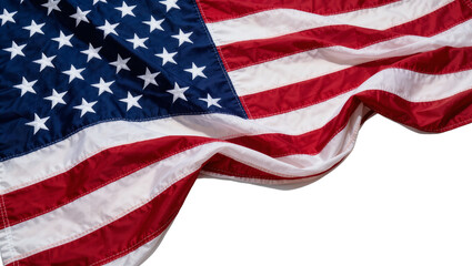 Fototapeta premium Waving American flag with red and white stripes and blue field with stars, isolated on transparent background