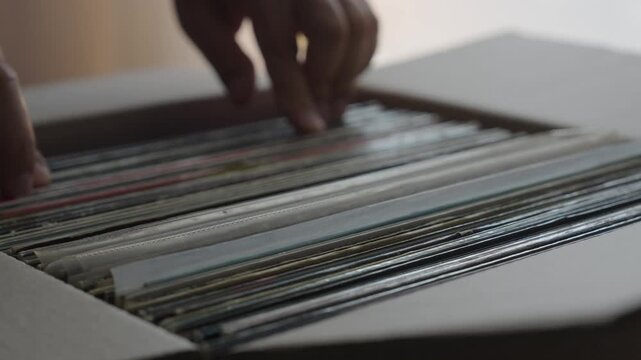 Hands Browsing Vinyl Record Collection in Cardboard Box