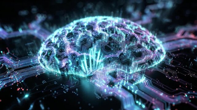 Artificial intelligence glowing digital brain processing data on a computer circuit board, representing machine learning and ai