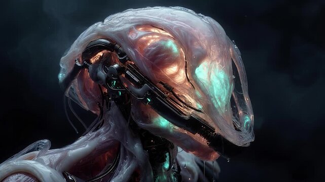 Bio mechanical alien creature with glowing inner lights and organic skin breathing slowly in a dark, smoky environment
