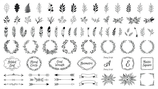 Rustic hand drawn floral elements and wreaths collection, black ink botanical leaf illustrations, decorative boho wedding frames and arrows eps set