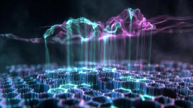 Abstract hexagonal grid processing data with flowing digital energy waves and neon glowing light particles in a futuristic landscape