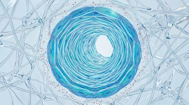 microscopic visualization of endothelial cells assembling into a new hollow blood vessel, elongated cells arranged in a curved circular formation around an emerging lumen