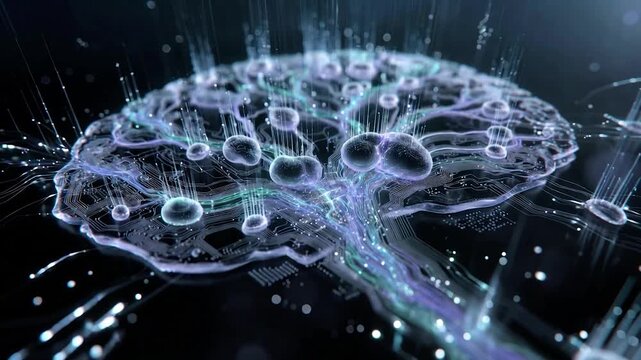 Digital brain experiencing neural activity and electric impulses in a futuristic artificial intelligence visualization