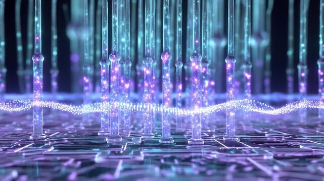 Neural network synapse transmitting data signals through an artificial intelligence circuit board with glowing light particles