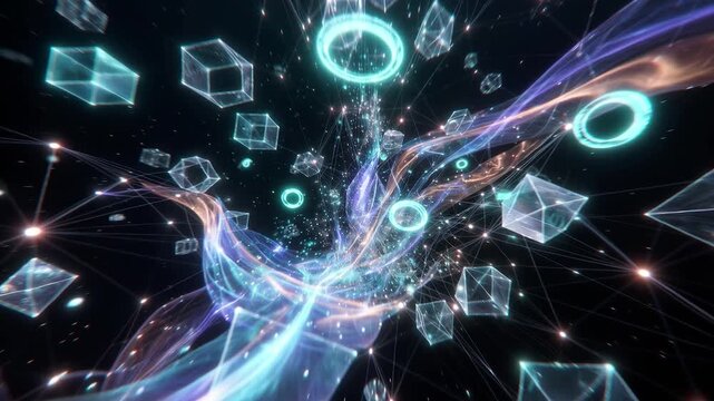 Blockchain technology data blocks flying through digital space with network connections and abstract light streams