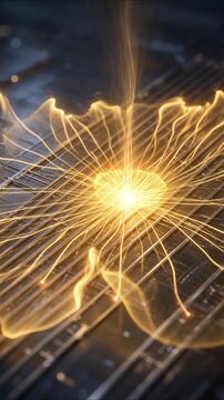 Luminous energy beam activating a futuristic circuit board creating a glowing particle network on a microchip processor