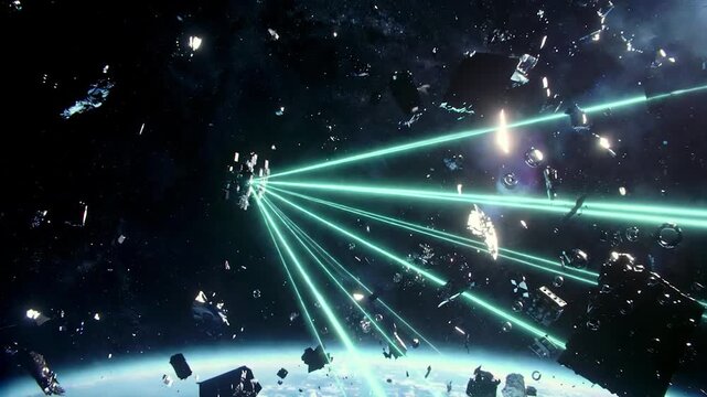 Futuristic satellite shooting green lasers destroying asteroids and space debris orbiting planet earth in outer space