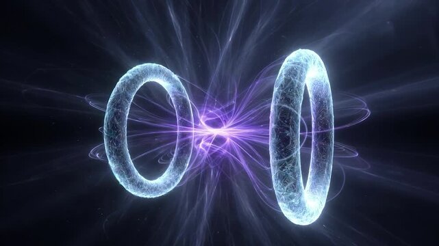 Quantum entanglement showing two rotating particles connected by a plasma field in deep space