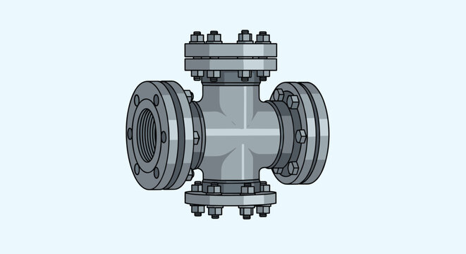 Industrial metallic cross pipe joint with heavy-duty flanges and bolted connections isolated on a light blue background.