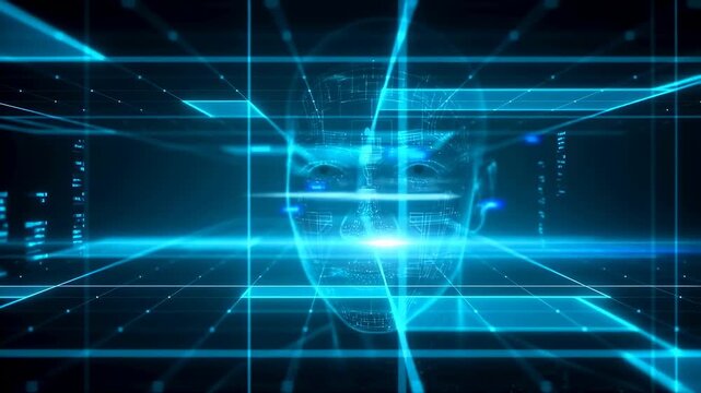 Wireframe human face forms within a glowing cyan digital grid and interface. Technology presentations, artificial intelligence education, and cybersecurity communication.