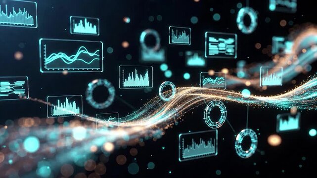 Financial data analytics with futuristic glowing charts and graphs streaming across a digital business technology background