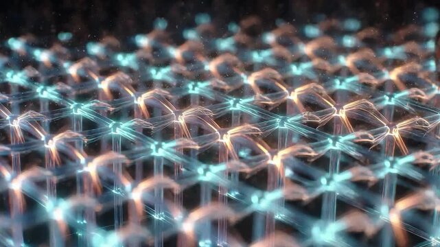 Luminous digital lattice transmitting data through a futuristic grid structure with glowing particles flowing in a network