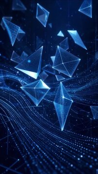 Abstract digital plexus background with flowing particles and glowing geometric pyramid shapes moving through cyberspace