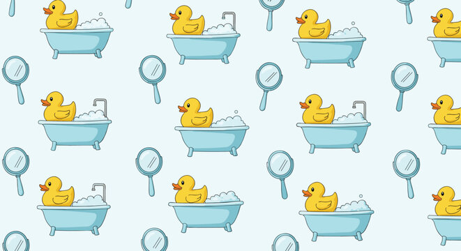 Playful seamless pattern of yellow rubber ducks having a bubble bath in blue tubs, accompanied by hand mirrors on a blue backdrop.