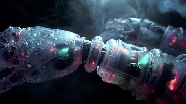 Robotic bionic arms making contact symbolizing artificial intelligence and futuristic technology in a smoky environment