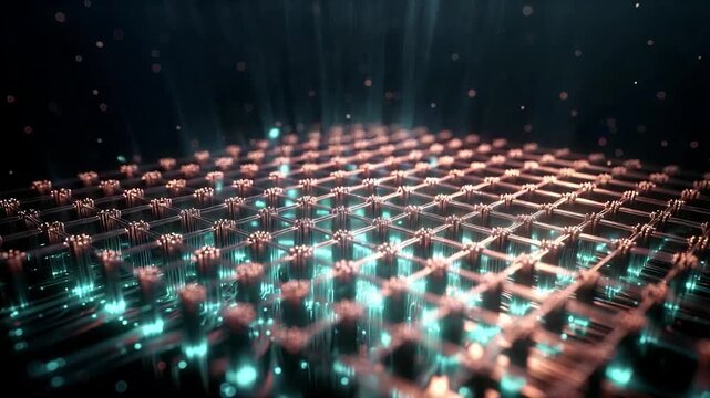 Quantum computer processor performing calculations with futuristic glowing qubits in a grid, simulating neural network operations
