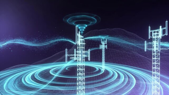 Digital animation showing futuristic telecommunication towers broadcasting data signals. Concepts of 5g, 6g, and global network technology