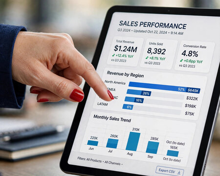 Hand Pointing at Sales Performance Chart on Tablet, A businesswoman's hand with red nail polish pointing at a tablet screen displaying sales performance bar charts and analytics
