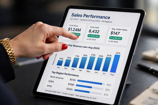 Hand Pointing at Sales Performance Chart on Tablet, A businesswoman's hand with red nail polish pointing at a tablet screen displaying sales performance bar charts and analytics