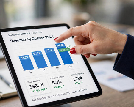 Hand Pointing at Sales Performance Chart on Tablet, A businesswoman's hand with red nail polish pointing at a tablet screen displaying sales performance bar charts and analytics