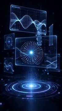 Futuristic hologram projecting glowing digital data charts, financial analysis, and business intelligence interface