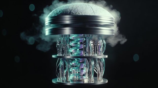 Quantum computer processor with glowing circuits and cooling vapor visualizing futuristic technology and artificial intelligence