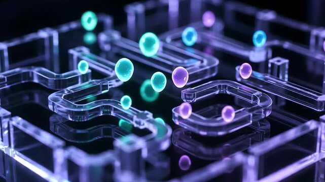 Microfluidic chip processing glowing droplets in a lab on a chip device for scientific analysis and biotechnology research
