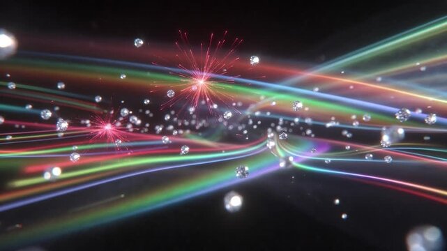 Abstract diamonds and rainbow light streaks moving with colorful fireworks exploding on a dark background