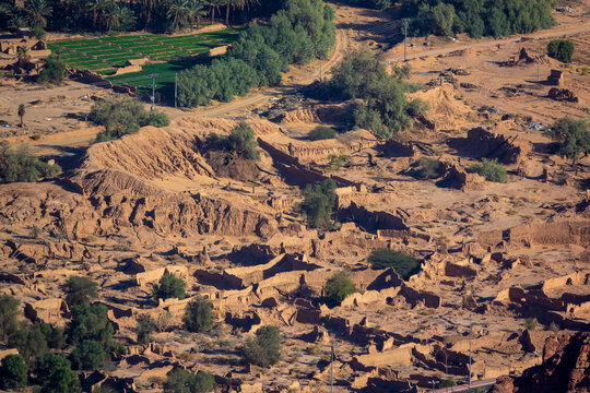 Aerial view of the ruins of the old mud-brick town, Al Madinah Province, Alula, Saudi Arabia