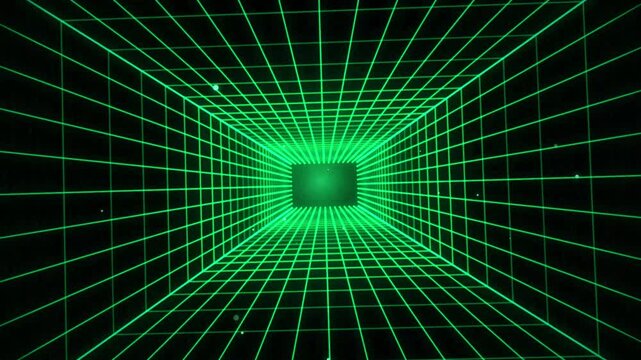 Neon Green Glowing Grid Tunnel Motion Background with Floating Particles in Deep Space Dark Void