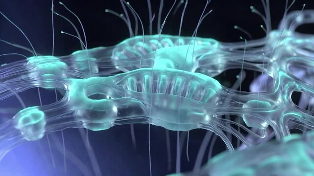Abstract bioluminescent microorganisms or alien life form pulsating in a dark, deep sea environment with glowing tentacles
