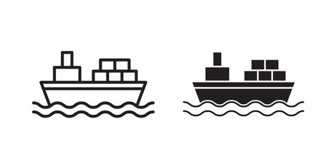 Cargo ship icon flat outline in black © Warpiya
