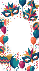 Naklejka premium Modern carnival festival, abstract geometric masks, balloons, confetti, ribbons and colorful shapes, contemporary flat vector design, large copy space in the center, white background, sophisticated co