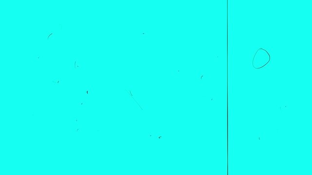 Small dots, scratches and lines on the blue screen. Film damage effect and retro nostalgia. Stock video with scuff marks in 4K.