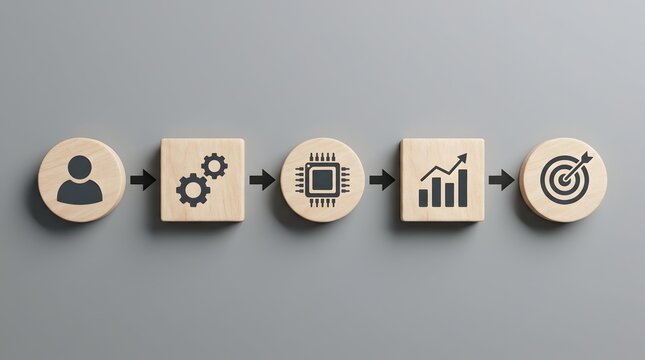 Business process workflow with wooden blocks icons