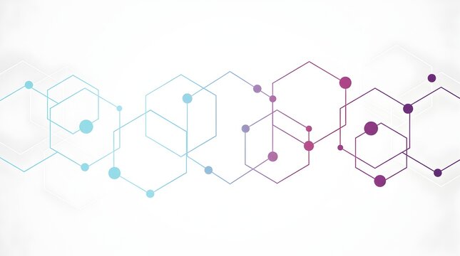 Abstract science background with blue and purple hexagons and connected molecular structures on white