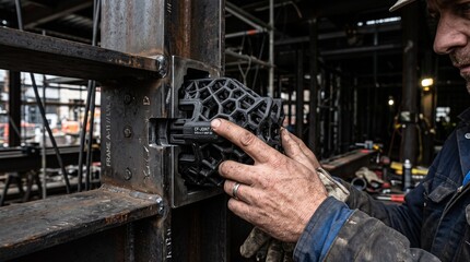 Fototapeta premium Construction worker carefully inspects metal framework on a building site