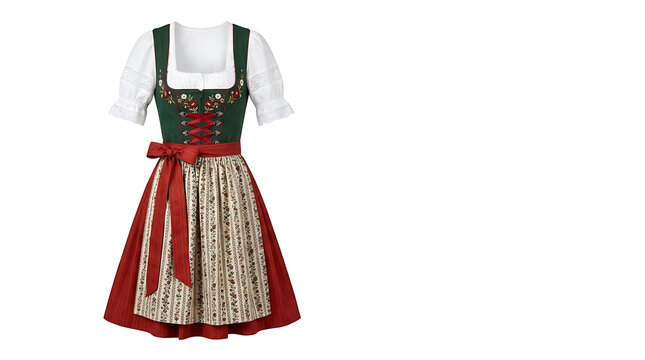 Traditional Bavarian dirndl dress with green bodice and red apron isolated on white background