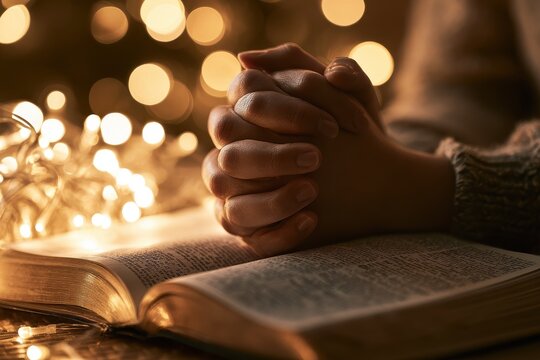 A pair of praying hands over an open Bible, soft string lights in the blurred background, warm Christmas atmosphere, religious devotion