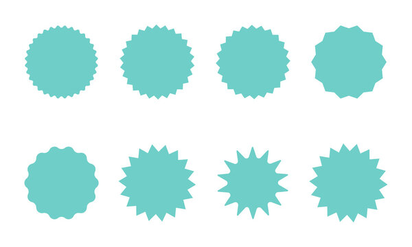 Teal circular starburst badges and sticker shapes with various pointed edges for promotional offers price tags quality seals and marketing discount labels set.