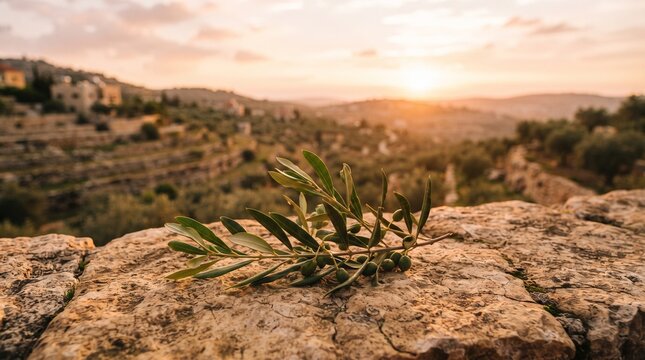 Olive branch resting on a stone wall overlooking an olive grove at sunset