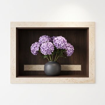 Beautiful hydrangea flowers in a dark vase inside a white frame isolated on white background