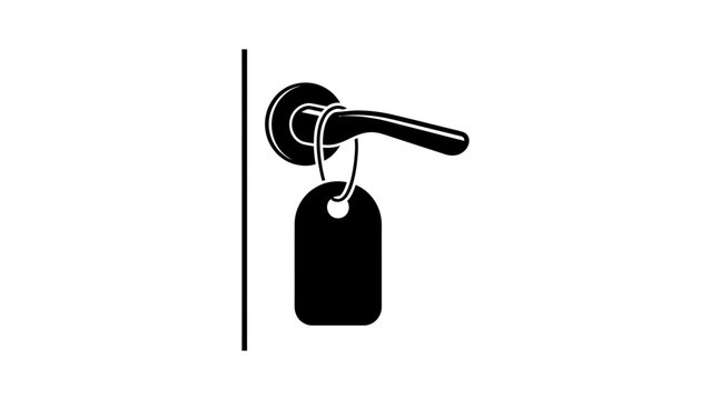 Black silhouette symbol showing a hotel room door handle featuring a hanging luggage tag representing travel lodging hospitality safety access security control management accommodation guests